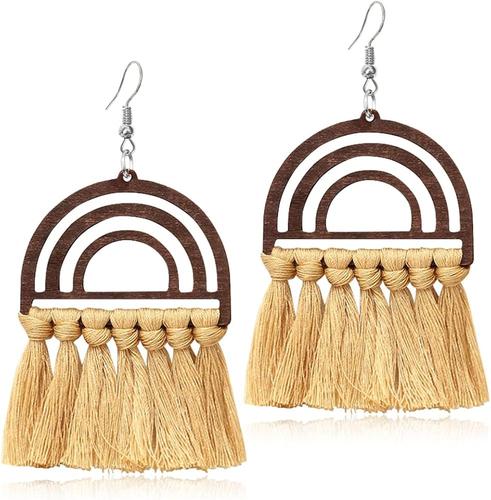 Bohemian Handmade Lightweight Colorful Rainbow Wooden Tassel Dangle Drop Earrings Exaggeration Ha... | Amazon (US)