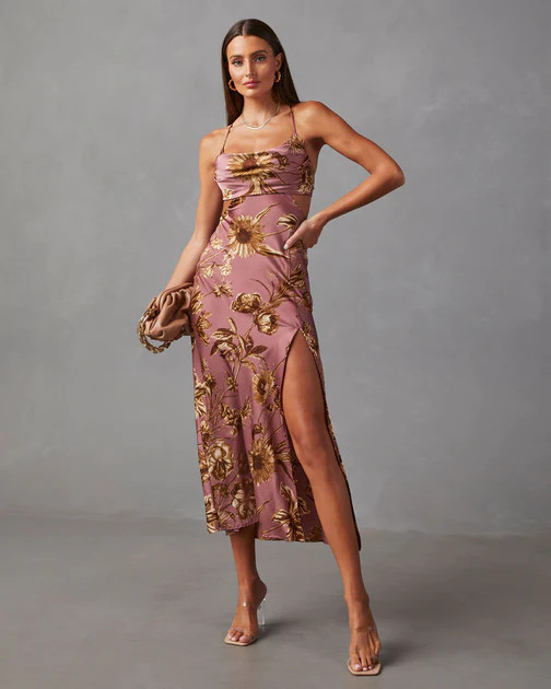 Sharna Satin Floral Cutout Midi Dress - Dusty Mauve | VICI