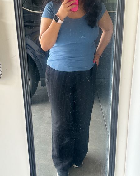 Obsessed with this blue shirt, it’s so soft and comfortable! And the linen pants are also super comfortable, been getting lots of compliments when I wear them. Wearing a size large in both and 8 in shoes  Casual spring outfit ✨ 

#LTKmidsize #LTKstyletip
