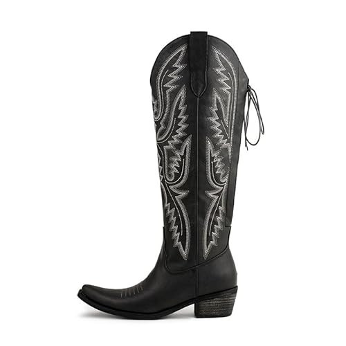 Atuelang Black Cowgirl Boots Wide Calf Cowboy Boots for Women Knee High Embroidered Pointed Toe Block Heel Pull-On Adjustable Lace Up Tall Western Boots Black Size 11 | Amazon (US)