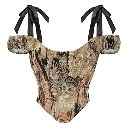 bslingerie Women Retro Vintage Denim Victorian Push Up Bustier Crop Top Tank Corset (US, Alpha, Small, Regular, Regular, Cat Print With Sleeves) | Amazon (US)