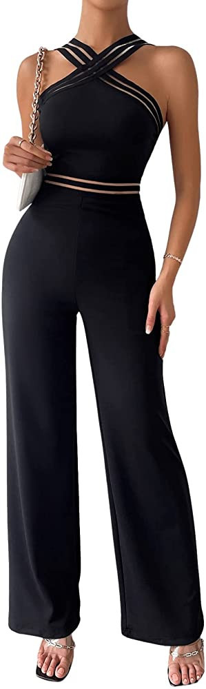 SweatyRocks Women's Sleeveless Criss Cross Mesh Neck Halter Jumpsuit Elegant High Waist Long Pant... | Amazon (US)