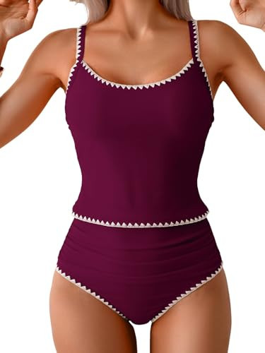 Eomenie Tankini Swimsuit for Women Tummy Control Ruched Two Piece Bathing Suits High Waisted Shell Stitch Swimwear Wine Red | Amazon (US)