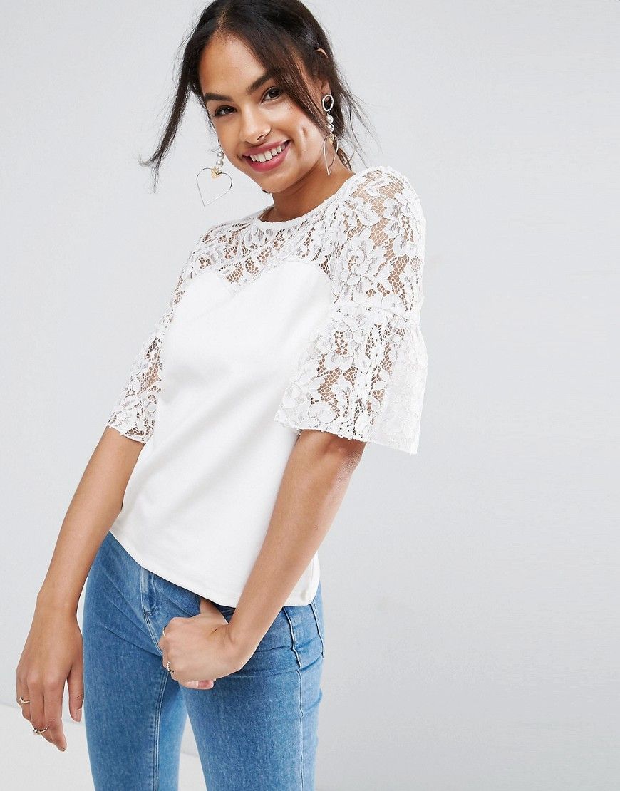 ASOS Occasion Top in Ponte with Pretty Lace Sleeves - White | ASOS US