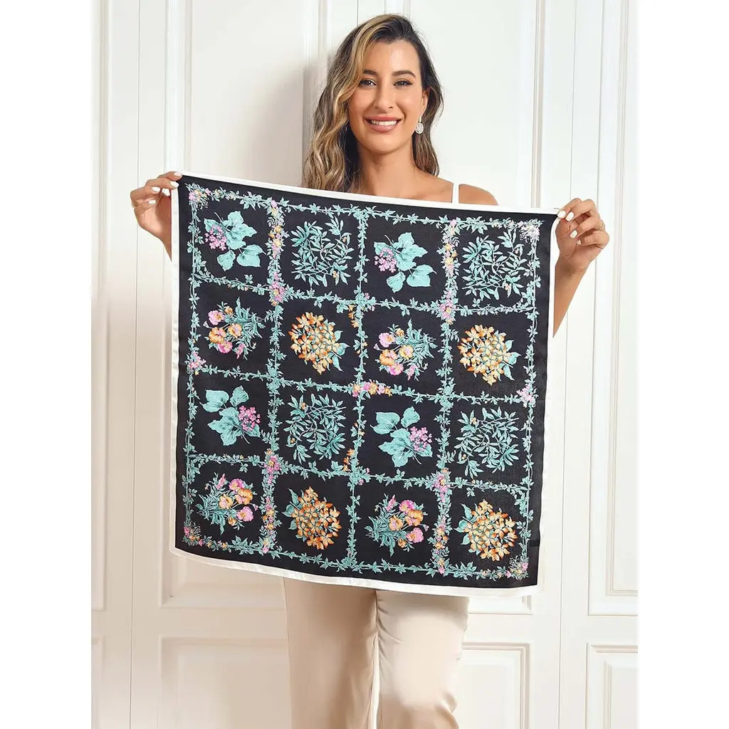 SILKSILKY Pure Silk Floral Pattern Square Scarf in Black at Nordstrom | Nordstrom