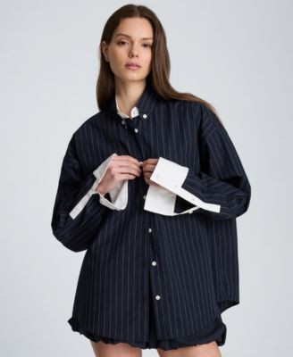 Kenneth Cole Women's Striped Cotton Poplin Long-Sleeve Shirt - Dark Navy/pure White | Macy's