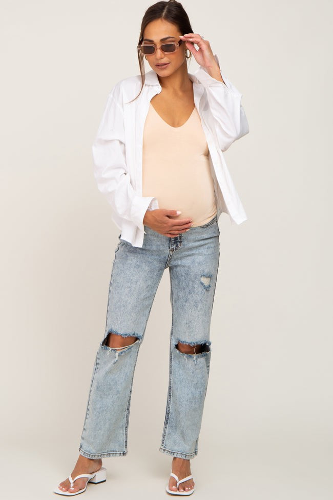 Light Blue Acid Wash Open Knee Maternity Straight Leg Jeans | PinkBlush Maternity
