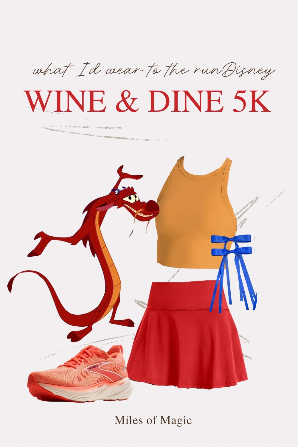 Here’s what I’d wear to the 2025 Wine & Dine Half Marathon Weekend in October. The theme for the 5K is Mulan so this Mushu inspired Disneybound is perfect for runDisney! 
