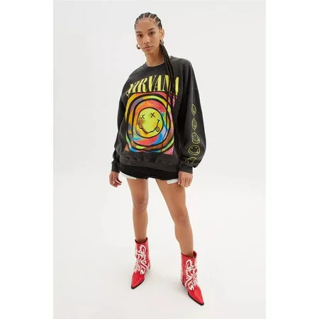 Urban Outfitters Women s X Nirvana Smile Overdyed Oversize Crew Neck Sweatshirt (Small/Medium Black Pigment Dye) | Walmart (US)