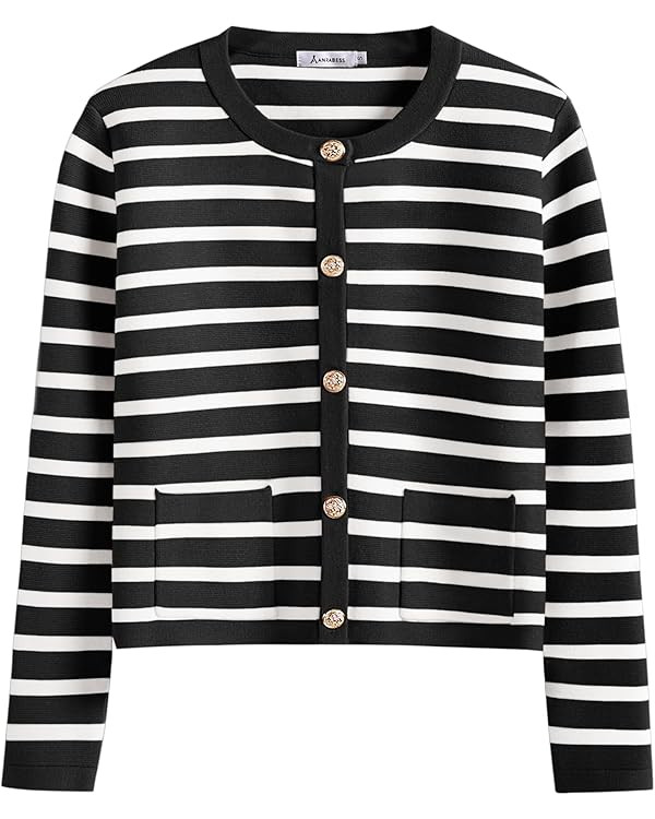 ANRABESS Women Striped Cardigan Sweaters Button Down Cropped Knit Lady Jackets Coat 2025 Fall Out... | Amazon (US)