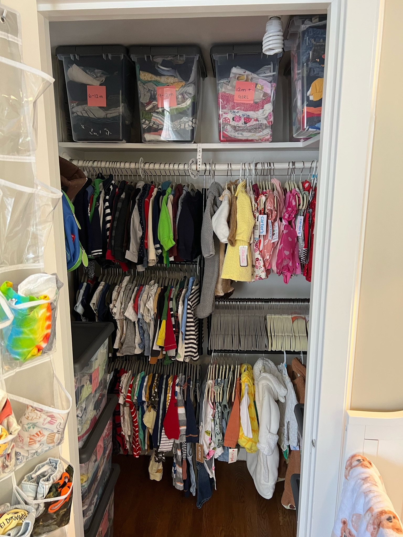 Nursery closet for 2 babies, boy and girl, one year apart 🩷💙

#LTKhome #LTKbaby #LTKfamily