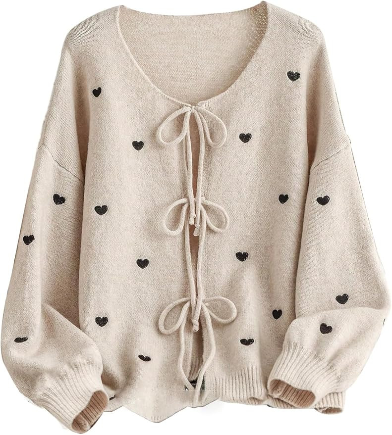 Women's Plus Size Heart Graphic Cardigan Sweater Tie Front Long Sleeve Knit Outerwear | Amazon (US)