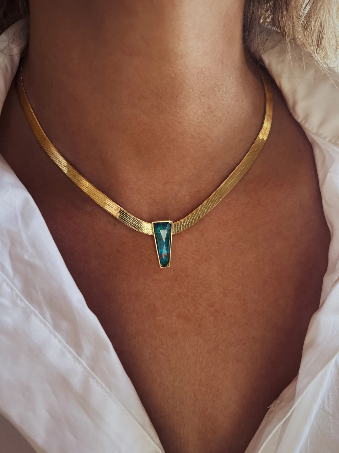 Gold Herringbone Chain Necklace: Chrysocolla Crystal Pendant, Handmade - Etsy | Etsy (US)