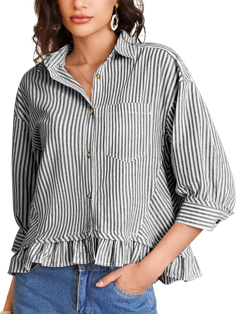 Flygo Womens 3/4 Sleeve Striped Button Down Shirts Cropped Ruffle Hem Casual Collared Drop Should... | Amazon (US)
