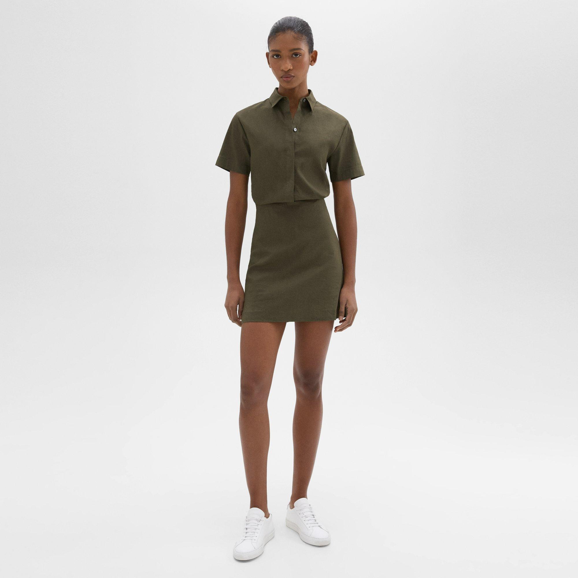 Short-Sleeve A-Line Dress in Good Linen | Theory