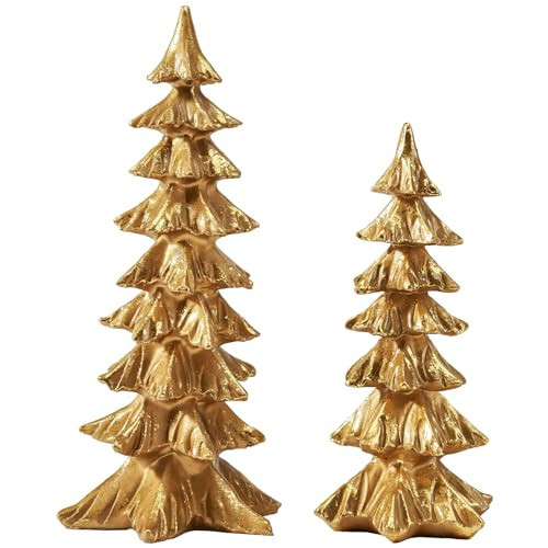 DN DECONATION Gold Christmas Tree Figurines, Set of 2 Modern Tabletop Xmas Trees, Elegant Resin Pine Decor for Mantel, Desk, Holiday Centerpieces, Gifts | Amazon (US)