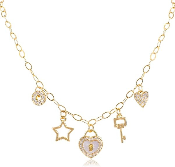 Gold Charm Necklace for Women Gold Plated Chain Pendant Necklace with Cute Dangle CZ Love Heat Lo... | Amazon (US)