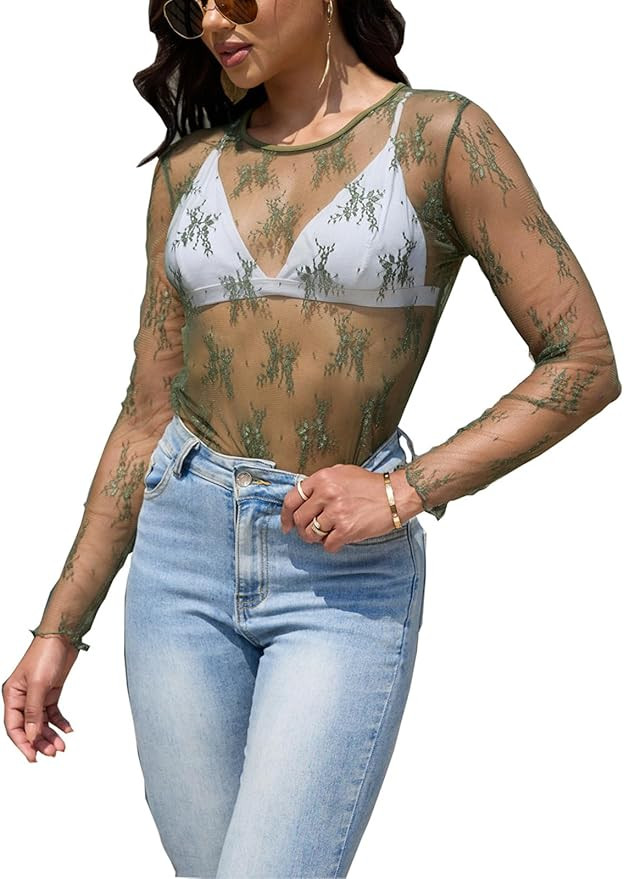 Lace Tops for Women Mesh Long Sleeve Top Crew Neck Sheer Blouse Sexy See Through Layering Shirts ... | Amazon (US)