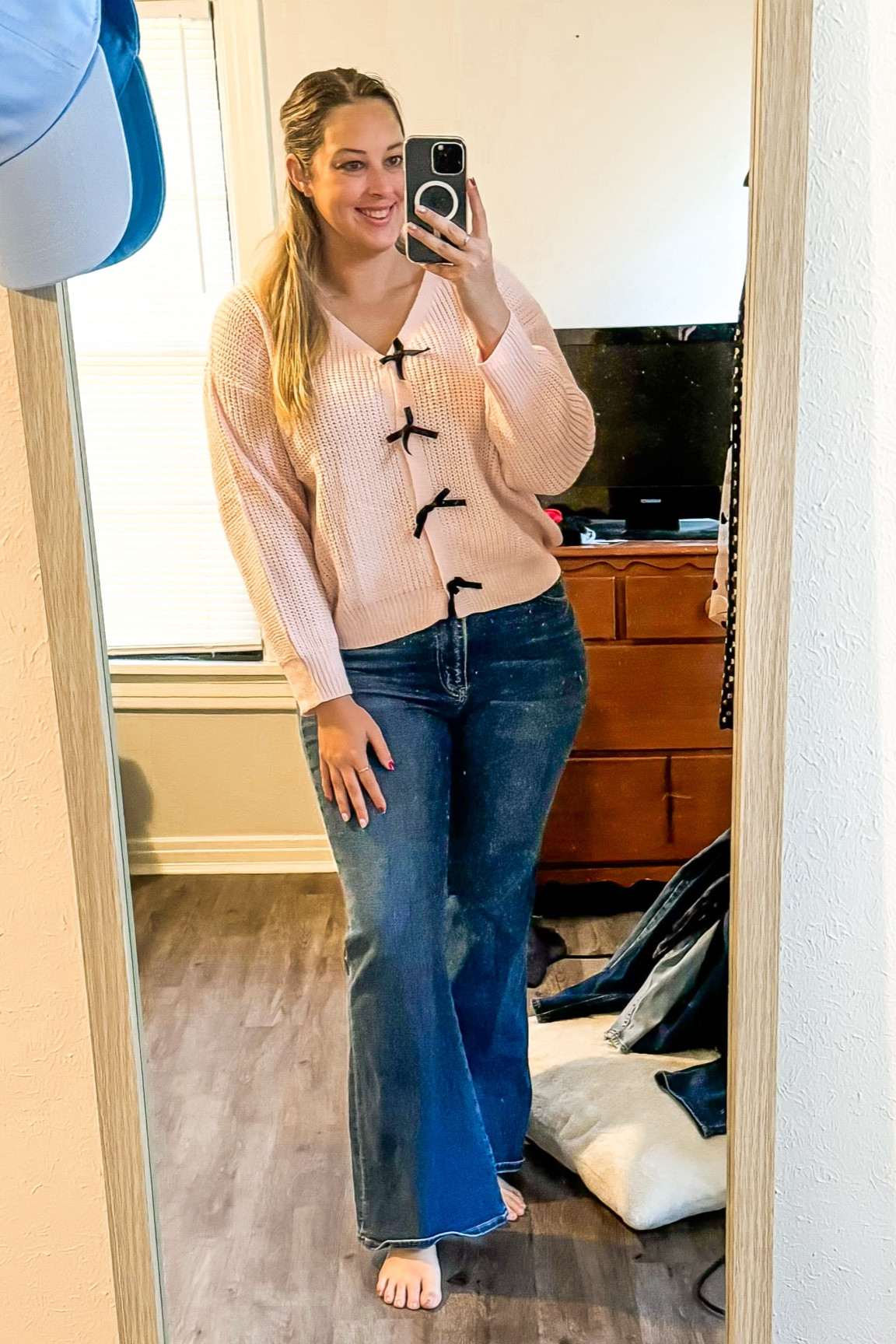 10.21.24 ootd - cupshe pink knit cardigan with black velvet bow buttons (size large) and Abercrombie high rise flare jeans (size 14 for no stretch in denim)

Midsize, midsize outfit, size 10, size 12, outfit inspo, casual outfit, affordable outfit, fall outfit, feminine style, bow style, pink outfit, pink for breast cancer awareness month, everyday outfit, effortless outfit 

#LTKMidsize #LTKSeasonal #LTKFindsUnder50