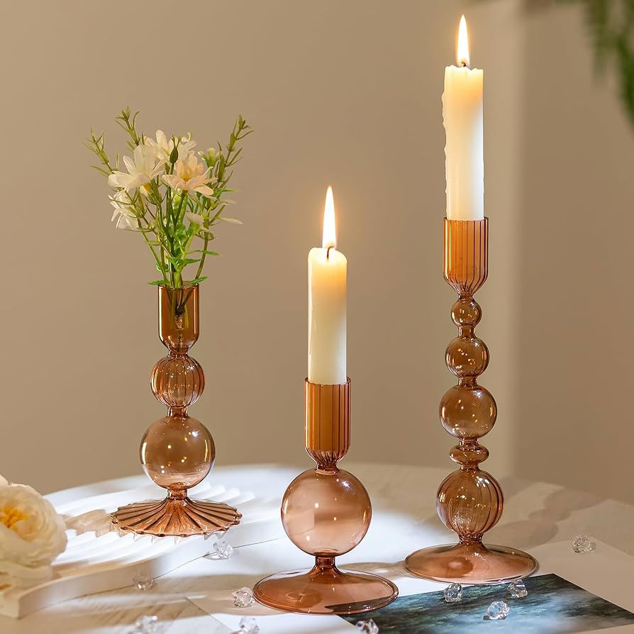 Hewory Glass Candlestick Holders Set: 3PCS Brown Candle Holder Taper Candle Holders Bulk, Crystal... | Amazon (US)