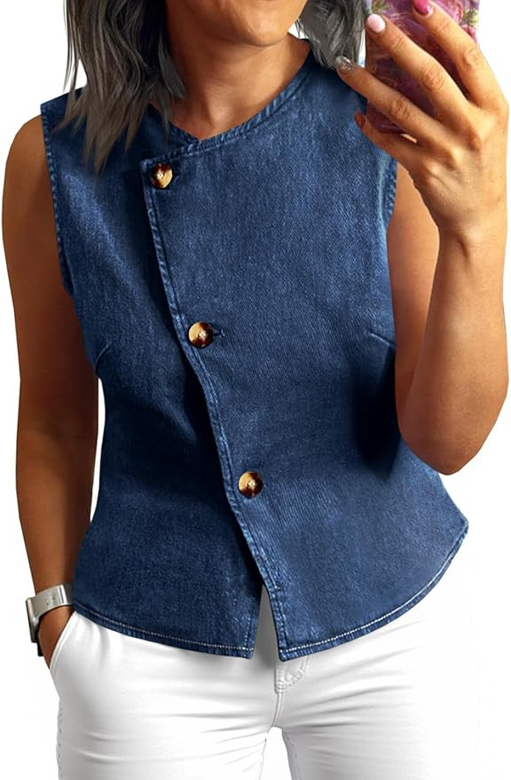 Tankaneo Women Denim Vest Tops Button Down Sleeveless Fitted Jean Tank Tops Trendy Casual Waistco... | Amazon (US)