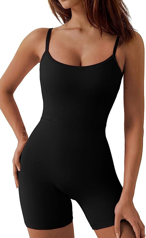 QINSEN Womens Sexy Spaghetti Strap Bodycon Stretch Jumpsuit U Neck One Piece Short Romper | Amazon (US)