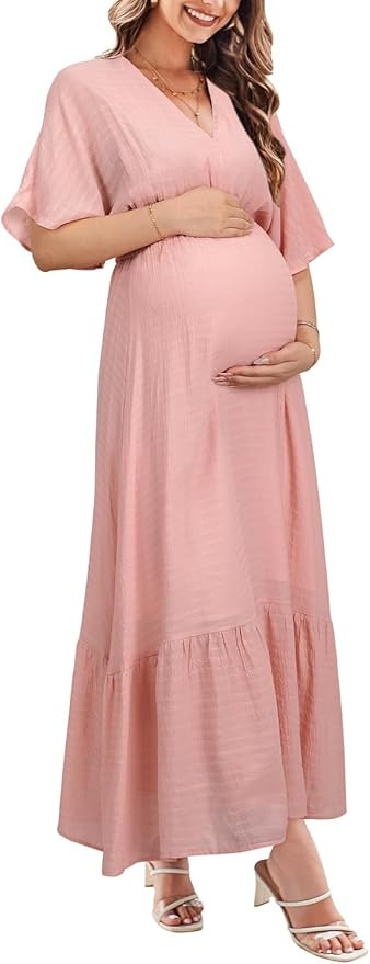 STYLEWORD Women's Summer Maxi Dresses 2024 Casual Short Sleeve V Neck Long Maternity Baby Shower ... | Amazon (US)