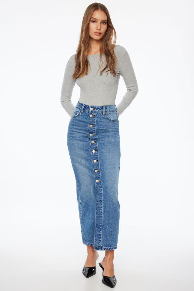 Buttoned Denim Maxi Skirt | Dynamite Clothing
