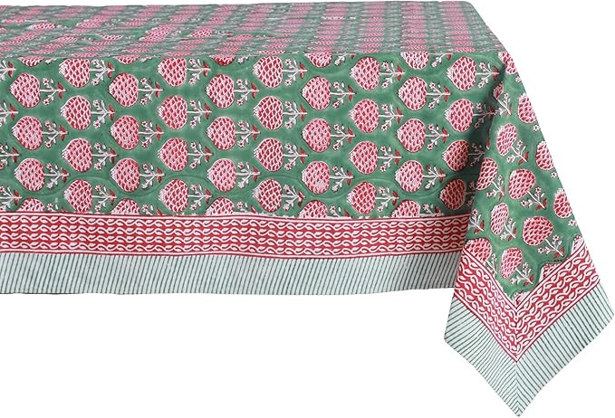 ATOSII Roma Green 100% Cotton Rectangle Summer Tablecloth, Block Print Floral Table Cloth for Din... | Amazon (US)