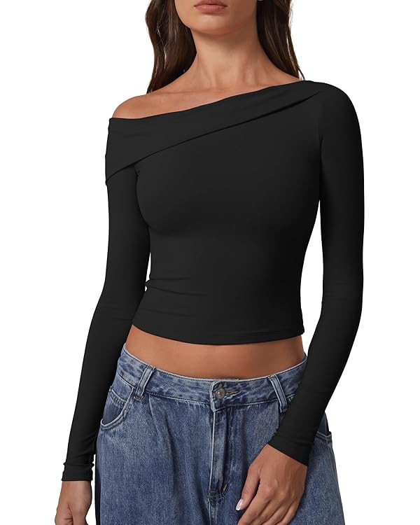 QINSEN Women Long Sleeve Off Shoulder Tops Trendy Double Lined Going Out Shirt for Fall | Amazon (US)
