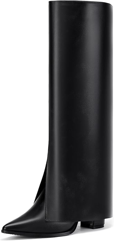 IDIFU Knee High Women Shark Boots Fold Over Tall High Chunky Heel Boots Pointed Toe Block Heeled ... | Amazon (US)