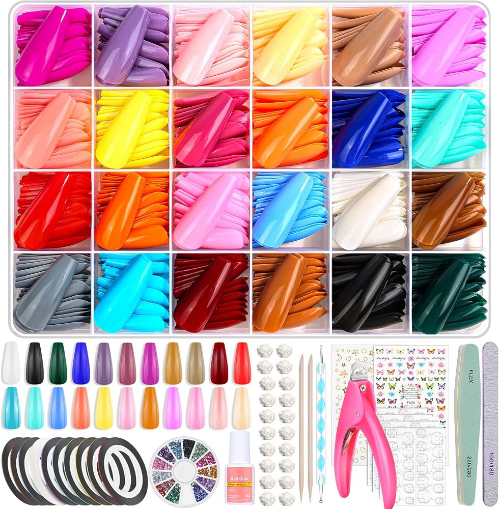 24 Colors Long Coffin Full Cover Press On Nails Tips 576PCS Long Press On Nails with Rhinestones,... | Amazon (US)