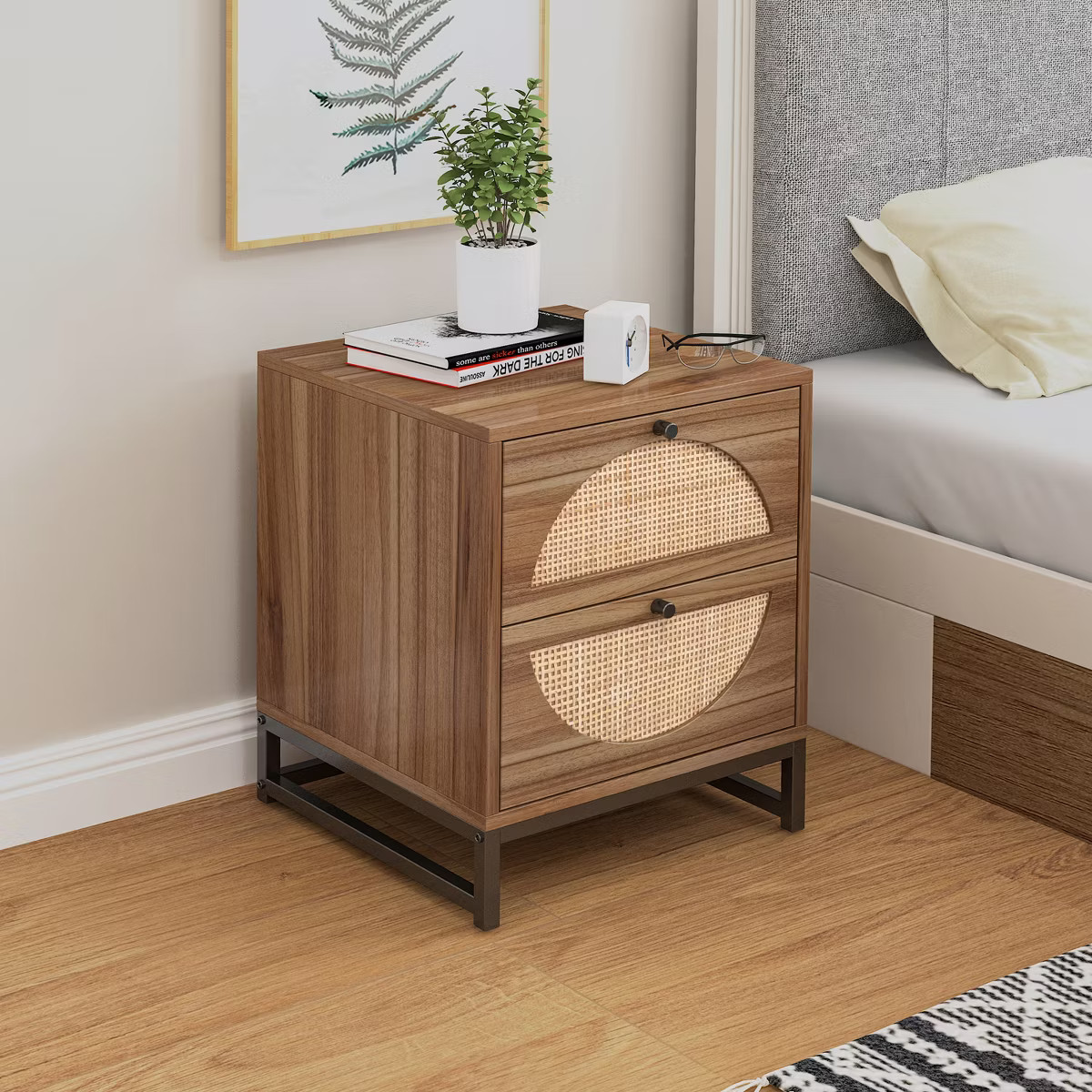 15.75" Rattan End table with 2 Drawers and Solid Metal Legs, Modern Nightstand, Side Table for Li... | Target
