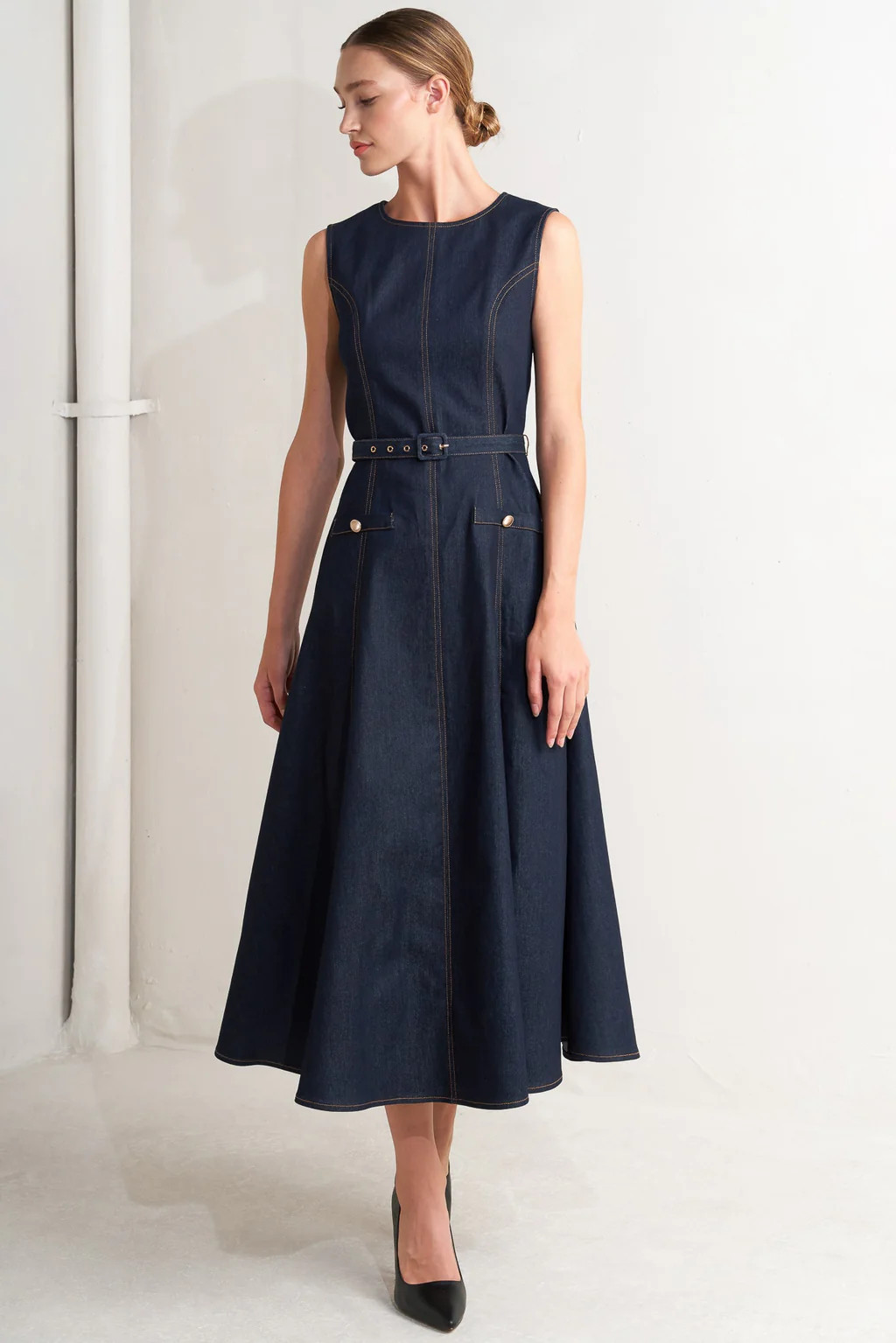 MODERN DARK DENIM MIDI DRESS | Lady Black Tie