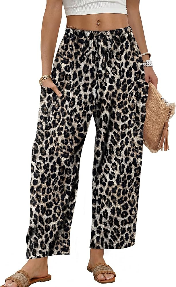 Sampeel Wide Leg Pants for Women Barrel Flowy Palazzo Elastic Waist Trousers with Pockets Summer ... | Amazon (US)