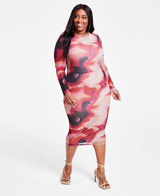 Nina Parker Trendy Plus Size Scoop-Neck Long-Sleeve Mesh Dress - Macy's | Macy's