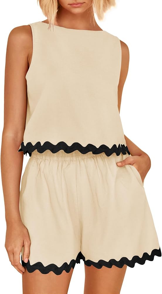 ZESICA Women's 2024 Summer 2 Piece Outfits Set Linen Lace Trim Crewneck Tank Crop Top and Shorts ... | Amazon (US)