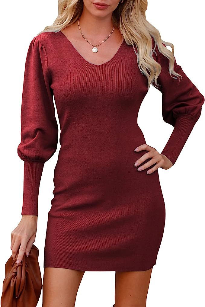 BTFBM Women 2022 Pullover Sweater Dress V Neck Long Sleeve Bodycon Embroidered Back Party Rib Kni... | Amazon (US)