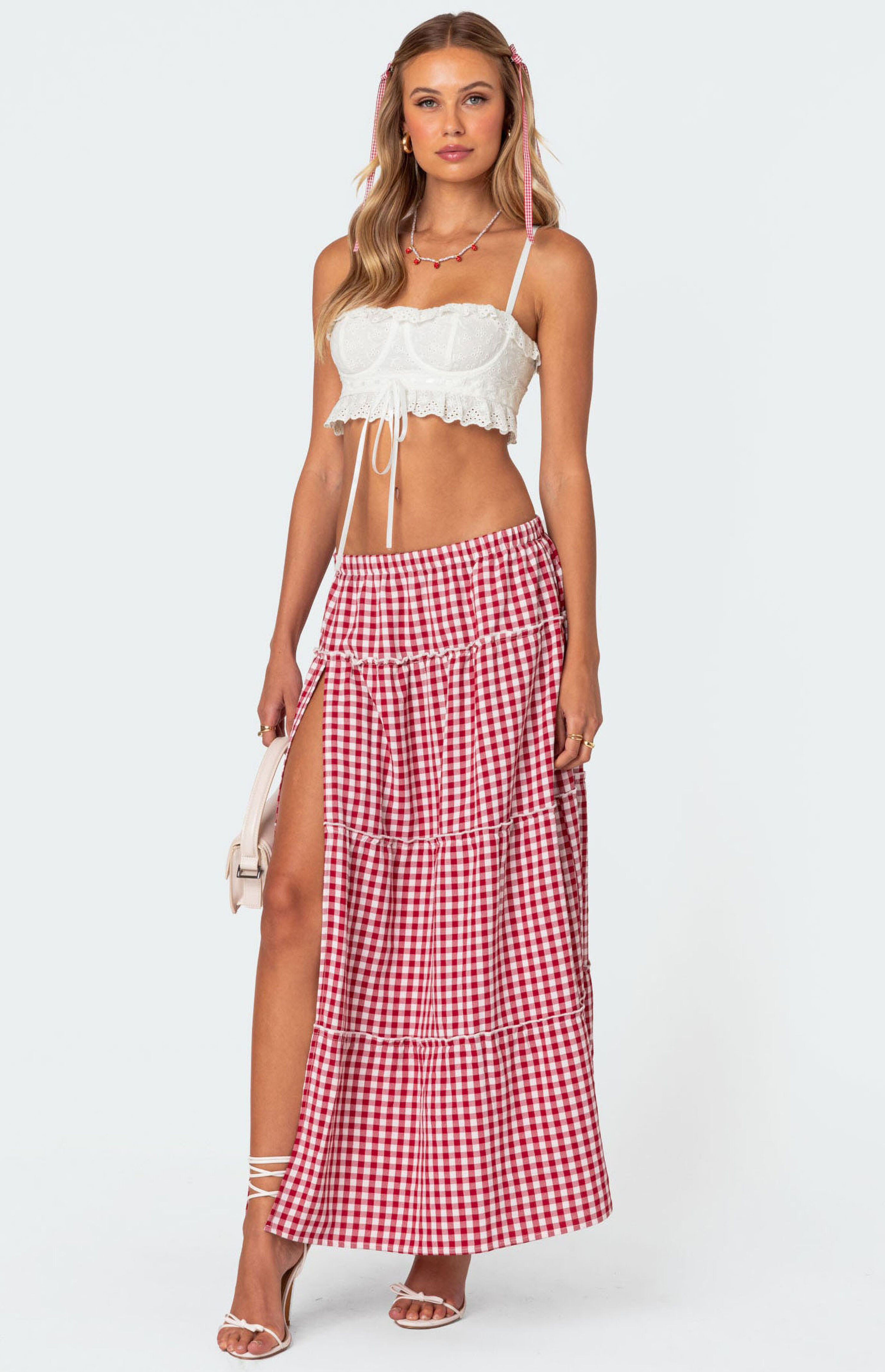 Edikted Gingham Side Slit Tiered Maxi Skirt | PacSun