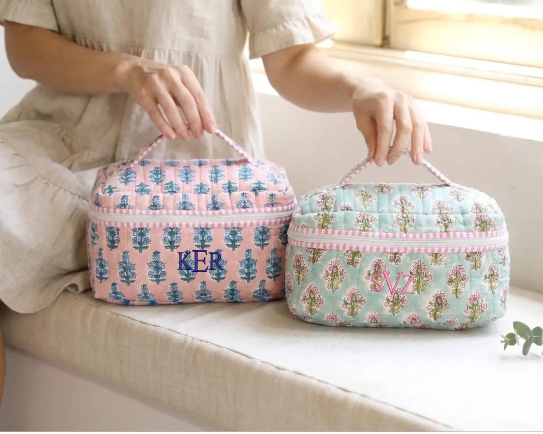 Monogram Makeup Bag, Embroidered Block Print Toiletry Bag, Travel Cosmetic Pouch, Bridesmaid Gift... | Etsy (US)