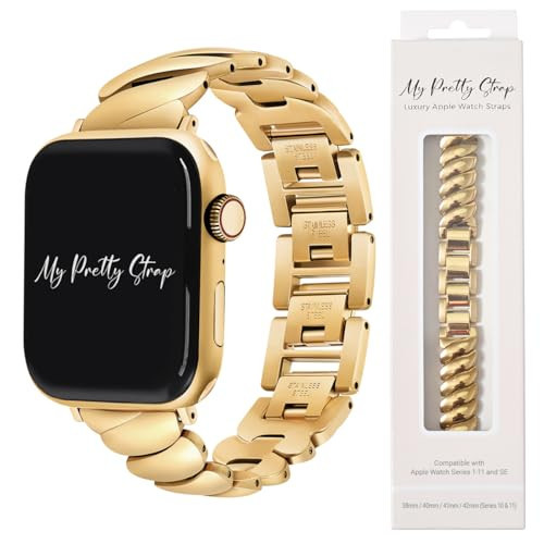 My Pretty Strap- Compatible Apple Watch Band - Stainless Steel iWatch Strap for Women - Adjustable Strap (4.7" - 6.3") - Series 1-10, SE & Ultra (38/40 41/42/44/45/49) - Gold, Silver -Ripple | Amazon (US)
