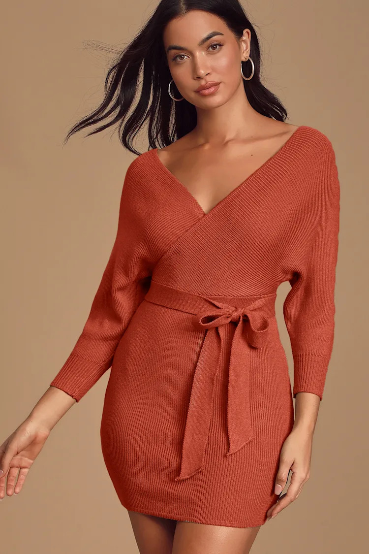 Modena Rust Brown Dolman Sleeve Bodycon Sweater Dress | Lulus (US)