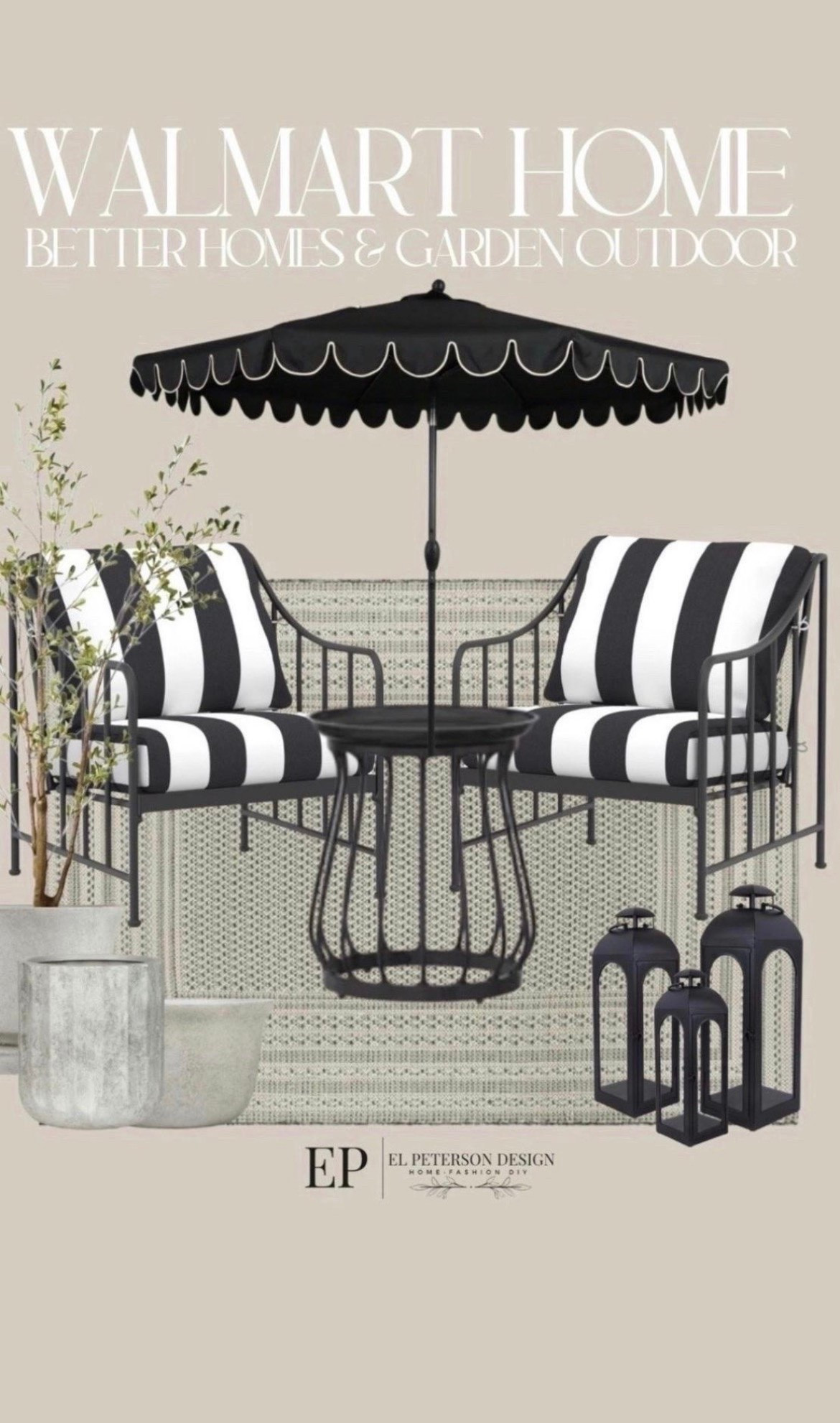 Walmart
Outdoor umbrella
Conversational set
Floor lantern
Planters
Faux olive tree

#LTKHome