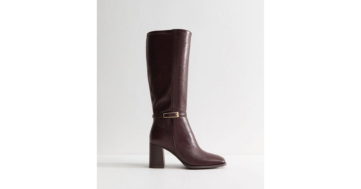 Women's Wide Fit Dark Burgundy Faux Leather Square Toe Heeled Knee High Boots Vegan New Look | New Look (UK)