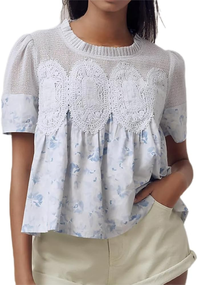 VAOYIU Women Lace-Detail Flared Blouse Short-Sleeve Crew Neck Lace Poplin Mesh Swing Top Elegant ... | Amazon (US)