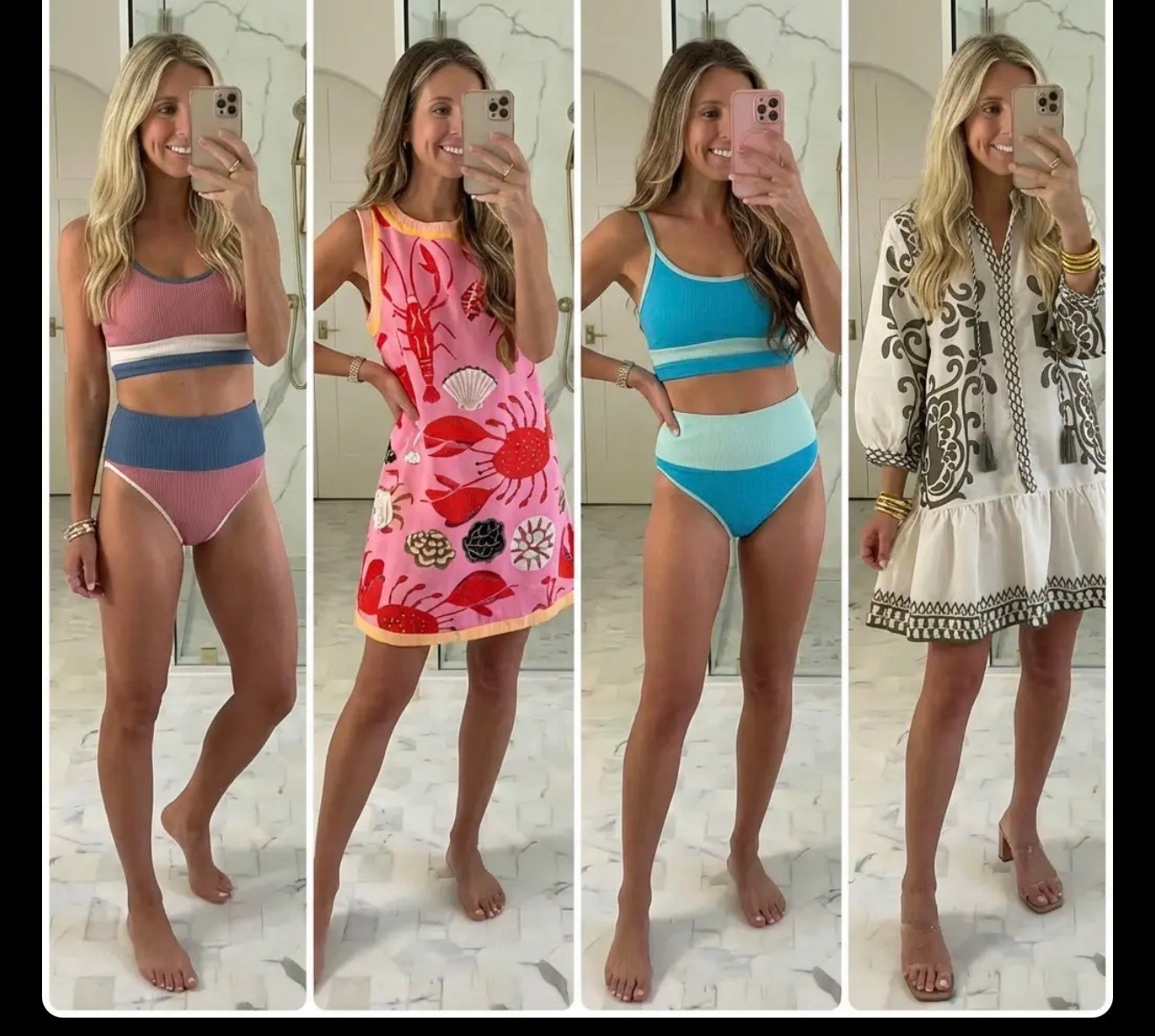 A light-filled bathroom mirror-selfie collage featuring four feminine summer maxi and midi dresses worn by the same woman. Soft natural daylight, white marble flooring, clean neutral background. Look 1: white and pale blue striped sleeveless midi dress with delicate straps, airy and coastal. Look 2: tiered midi dress with vibrant multicolor floral and geometric prints, relaxed boho charm. Look 3: sleeveless fitted maxi dress with horizontal woven stripes in purple, pink, and neutral tones, modern bohemian feel. Look 4: coral and pink tiered maxi dress with mixed stripe and check patterns, playful resort style. Effortless styling, cohesive color story, editorial Pinterest layout, fashion influencer aesthetic, high resolution, no text.

Hashtags:
#summerdresses #maxidressstyle #bohostyle #resortwear #pinterestfashion #coastalvibes #europeansummer #vacationoutfits #effortlessstyle #colorfulfashion #resortstyle #styledsummer #ootdinspo #fashioninspo #trendystyle #travelstyle

#LTKGiftGuide 