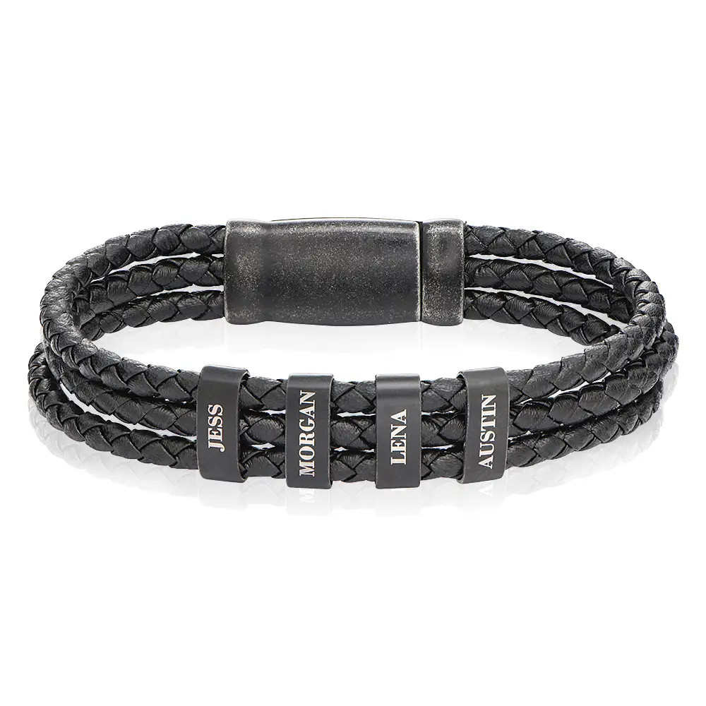 Oxide Vertical Tags Men Braided Leather Bracelet | Theo Grace