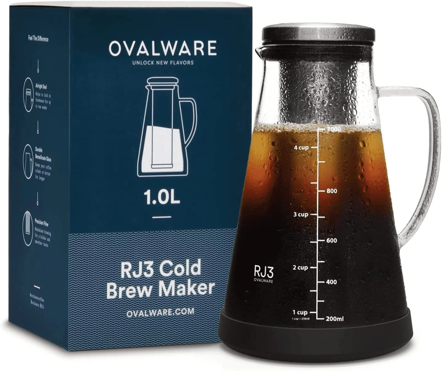Airtight Cold Brew Iced Coffee Maker & Tea Infuser with Spout - 1L Ovalware RJ3 Brewing Glass Car... | Walmart (US)