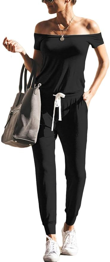 ANRABESS Women's Jumpsuits Sexy Off Shoulder Short Sleeve Elastic Waist Beam Foot Summer Casual R... | Amazon (US)