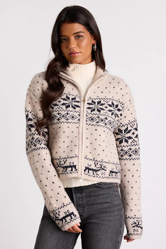 Sevenna Beige Fair Isle Zip-Front Cardigan Sweater | Lulus